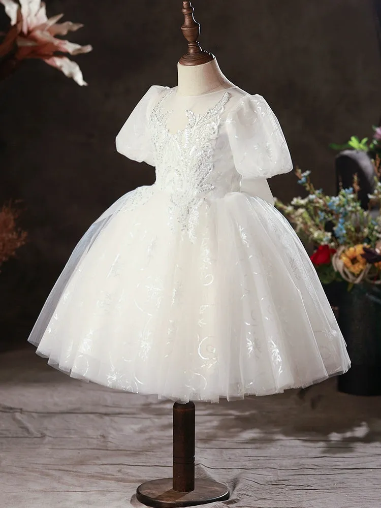 Princess Round Tea Length Lace Flower Girl Dress in White
