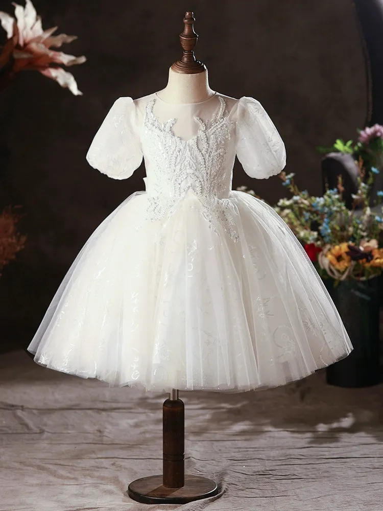Princess Round Tea Length Lace Flower Girl Dress in White