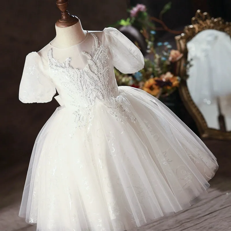 Princess Round Tea Length Lace Flower Girl Dress in White