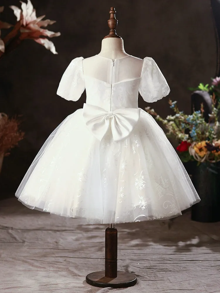 Princess Round Tea Length Lace Flower Girl Dress in White