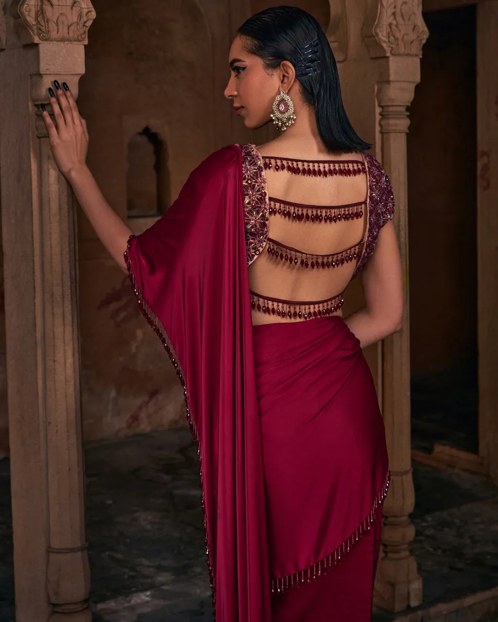 Rachel Maroon Embroidered Sari Set