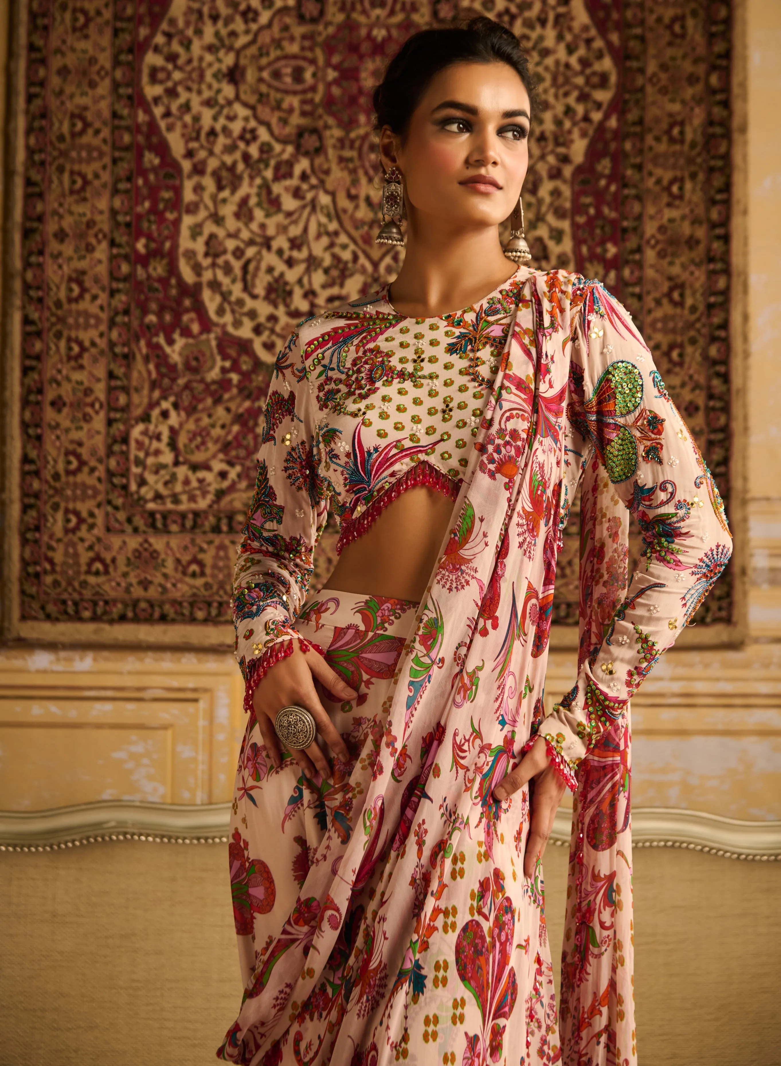 Red Print Embroidered Blouse And Sharara Sari Set