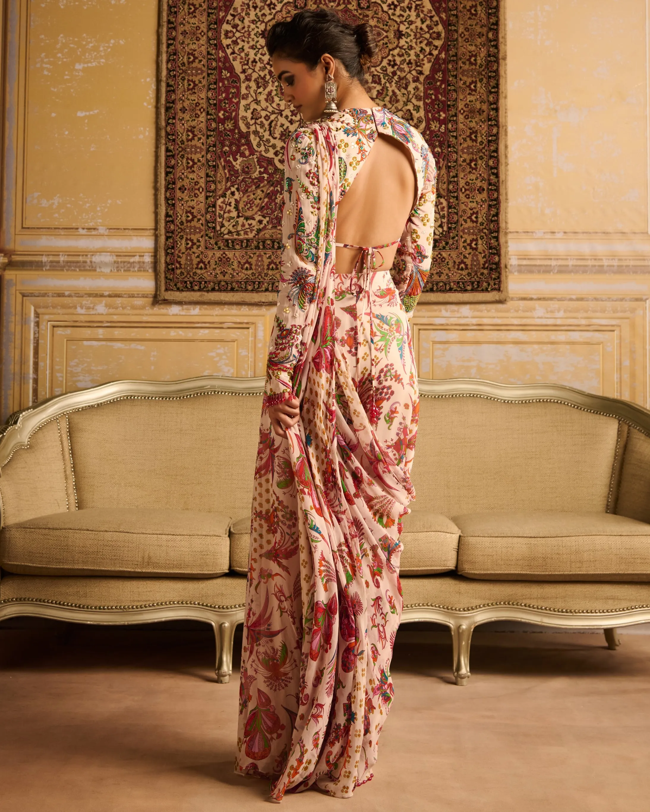 Red Print Embroidered Blouse And Sharara Sari Set
