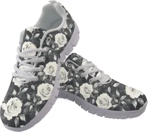 Rose Floral Garden Black Womens Running Shoes Lightweight Athletic Sneakers Tennis Sport Outdoor Shoe for Girl Teens Size US 7