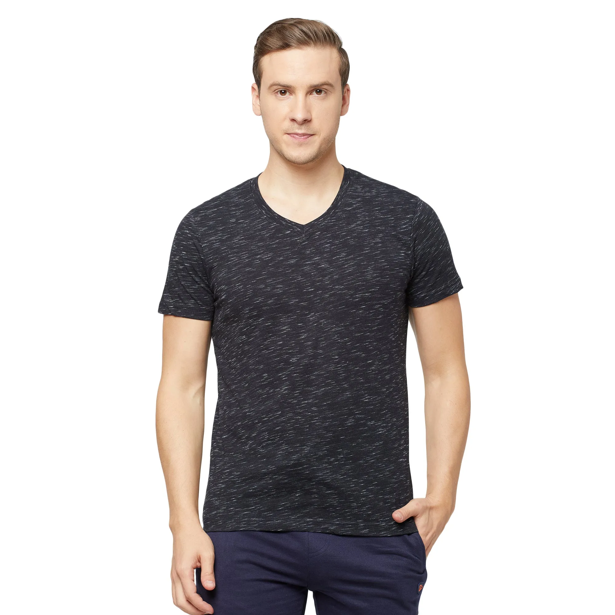 Sporto Mens Super Combed Cotton Blend Tees  Round & V-Neck (Black With Flakes   Light Iris Blue)