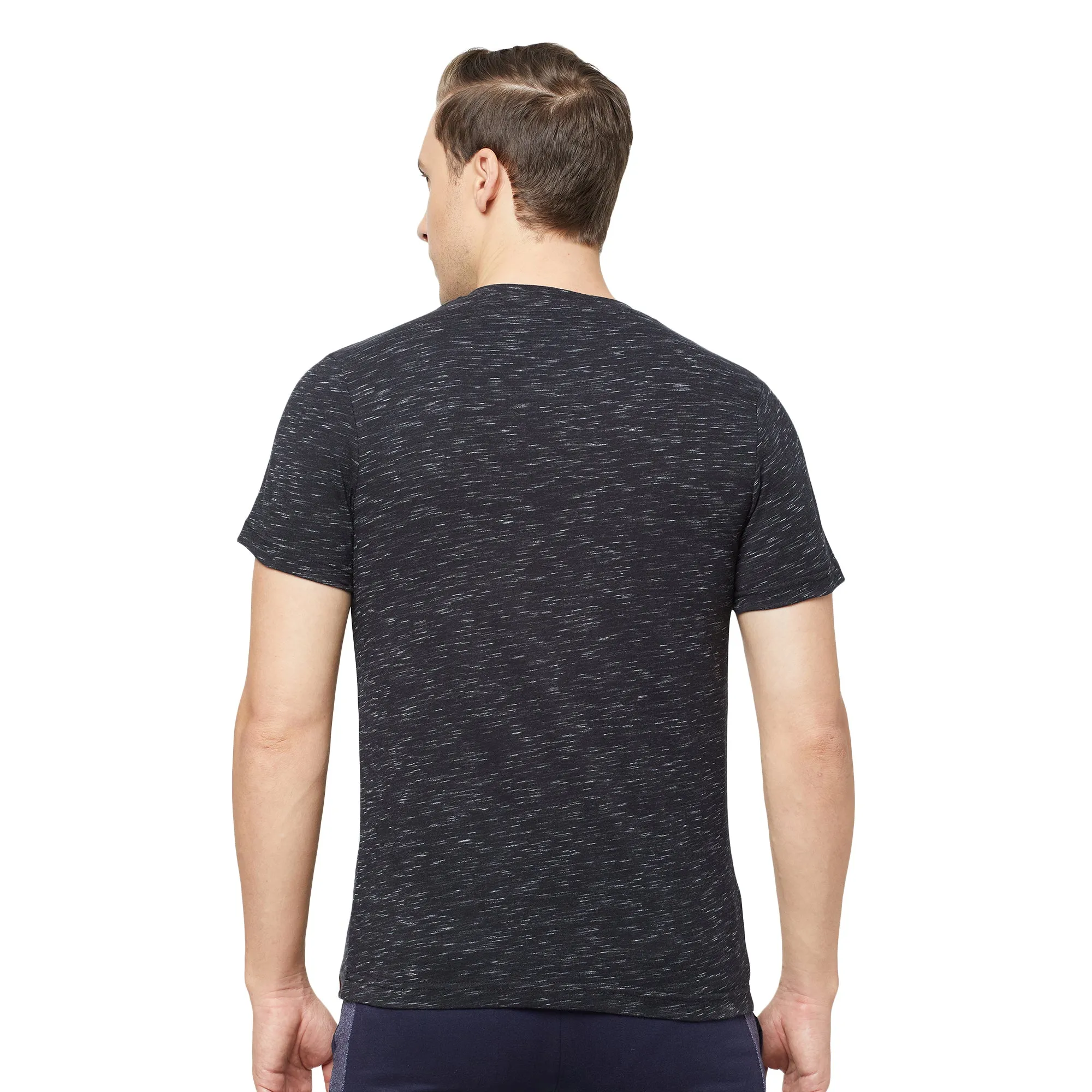 Sporto Mens Super Combed Cotton Blend Tees  Round & V-Neck (Black With Flakes   Light Iris Blue)
