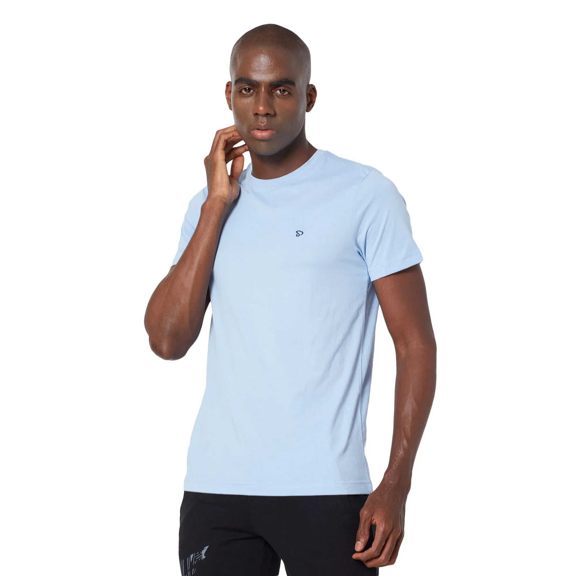 Sporto Mens Super Combed Cotton Blend Tees  Round & V-Neck (Black With Flakes   Light Iris Blue)