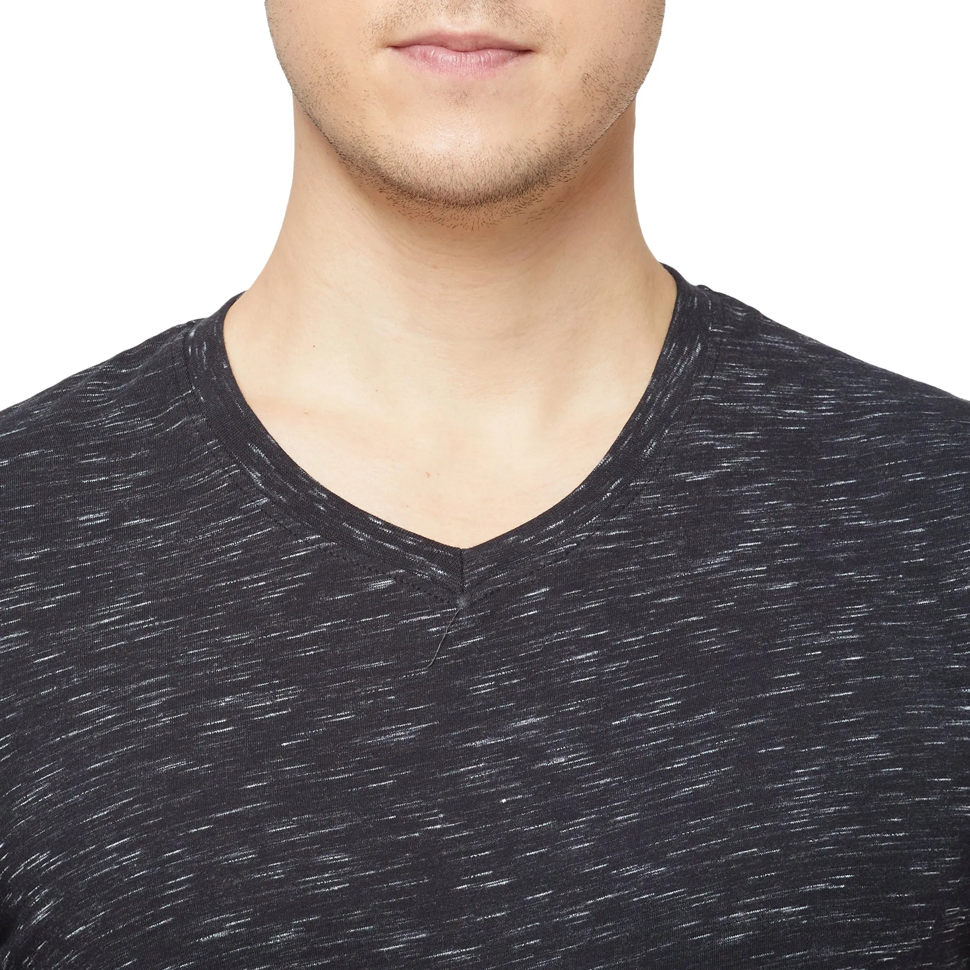 Sporto Mens Super Combed Cotton Blend Tees  Round & V-Neck (Black With Flakes   Light Iris Blue)