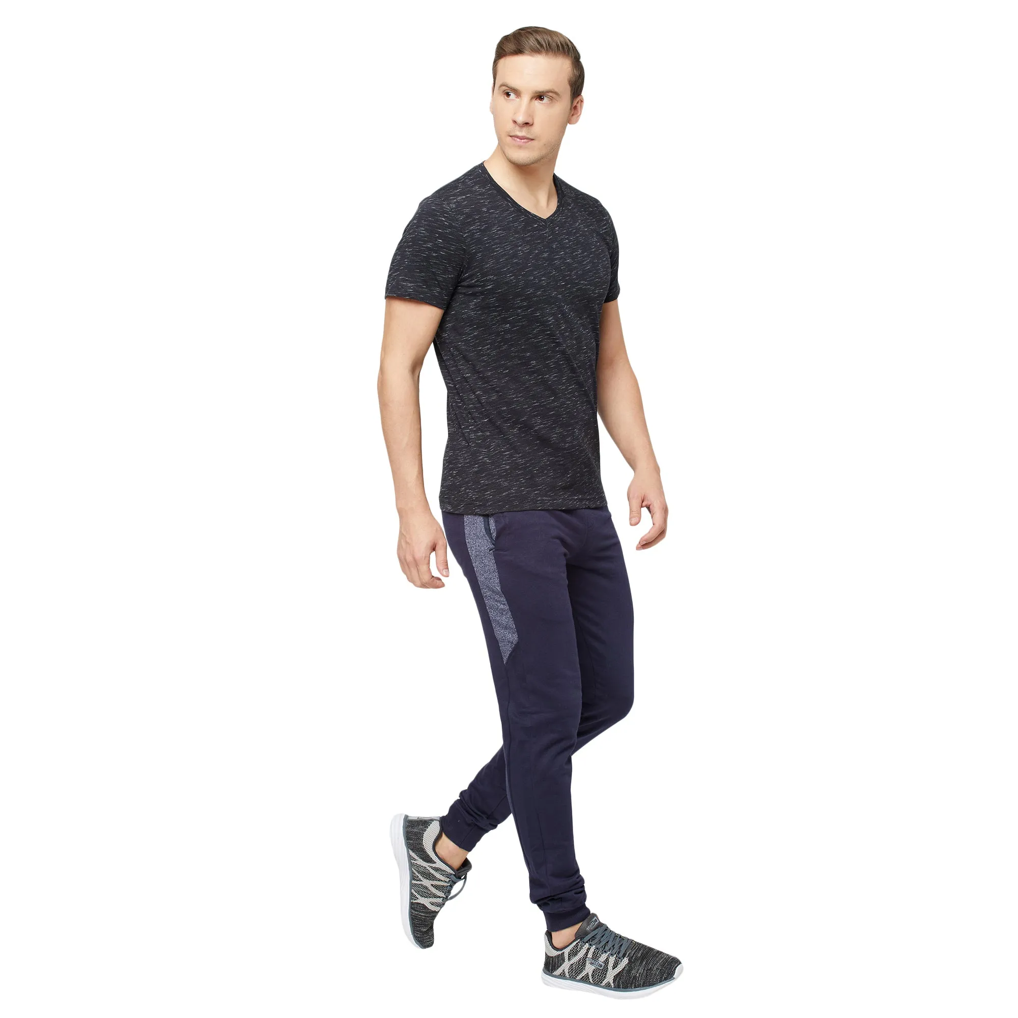 Sporto Mens Super Combed Cotton Blend Tees  Round & V-Neck (Black With Flakes   Light Iris Blue)