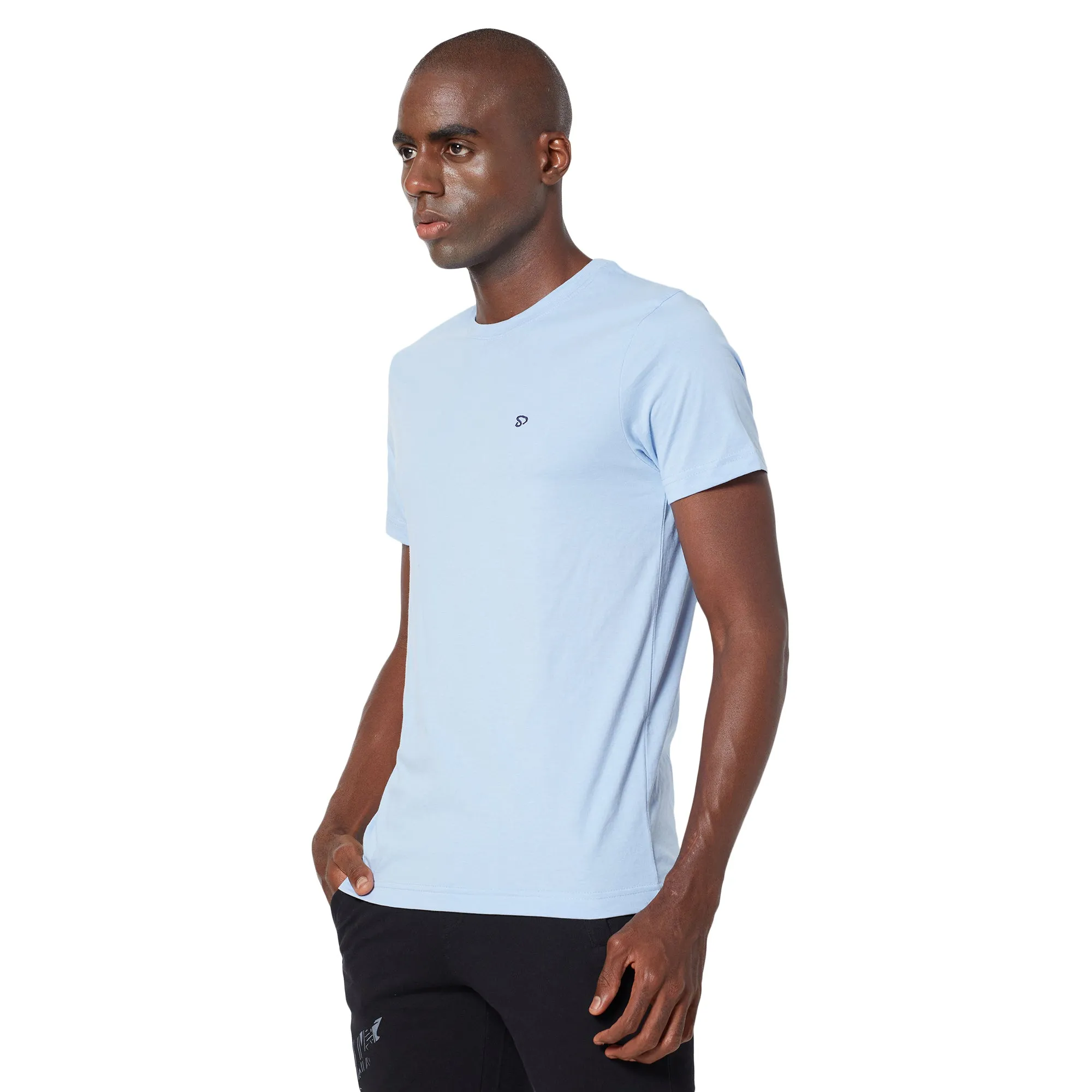 Sporto Mens Super Combed Cotton Blend Tees  Round & V-Neck (Black With Flakes   Light Iris Blue)