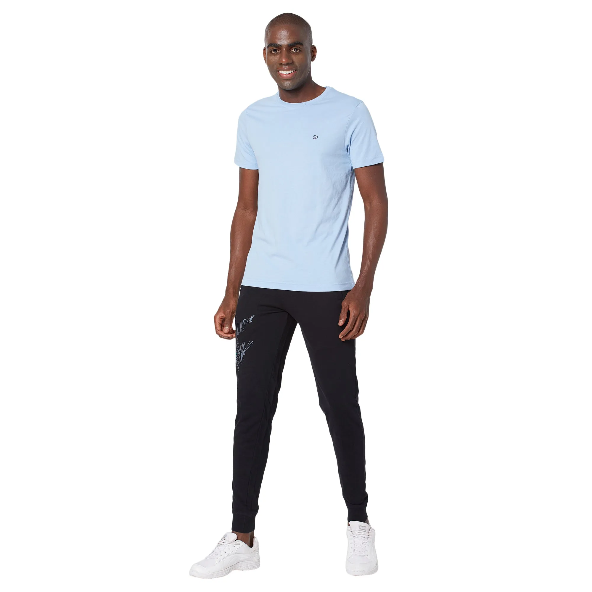 Sporto Mens Super Combed Cotton Blend Tees  Round & V-Neck (Black With Flakes   Light Iris Blue)