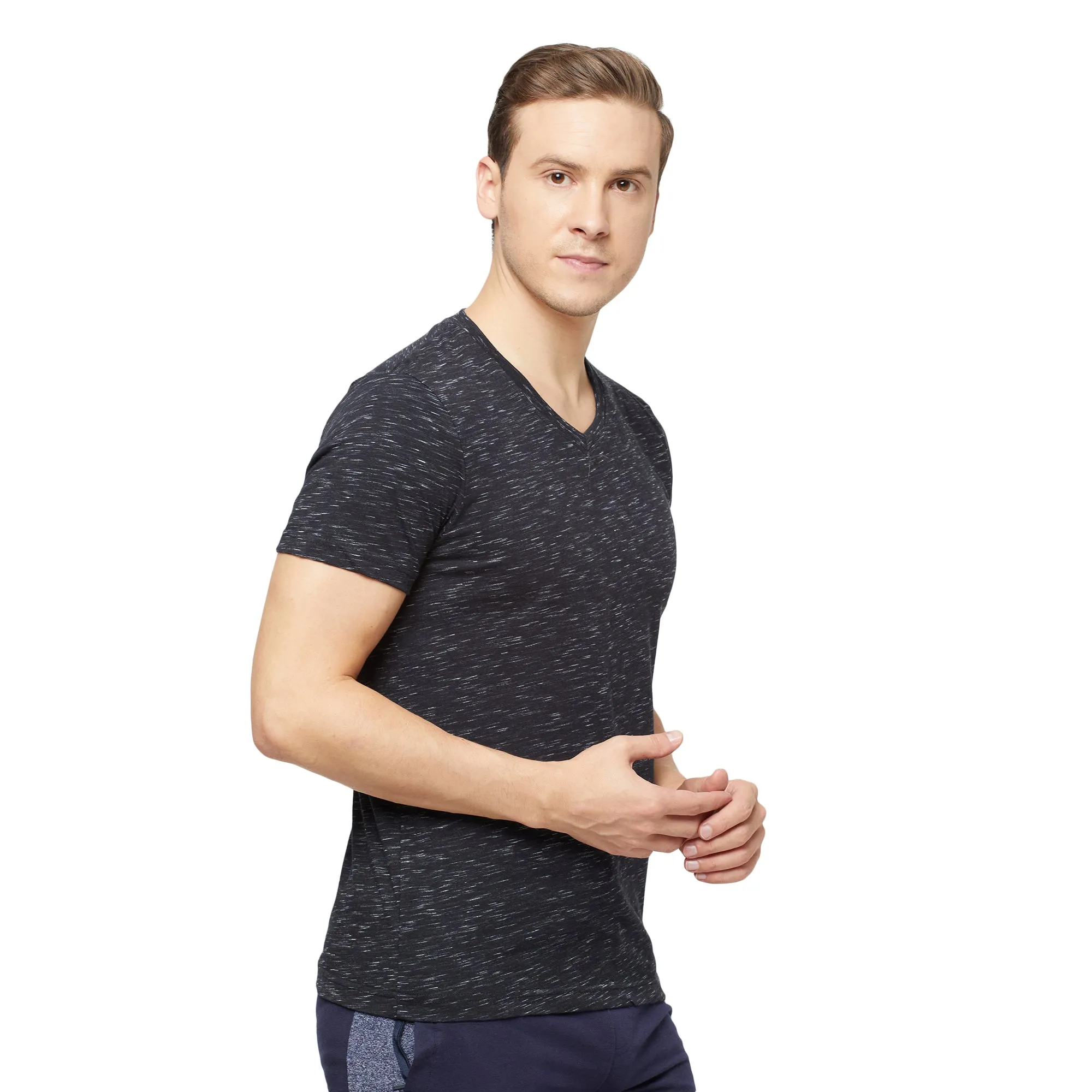 Sporto Mens Super Combed Cotton Blend Tees  Round & V-Neck (Black With Flakes   Light Iris Blue)
