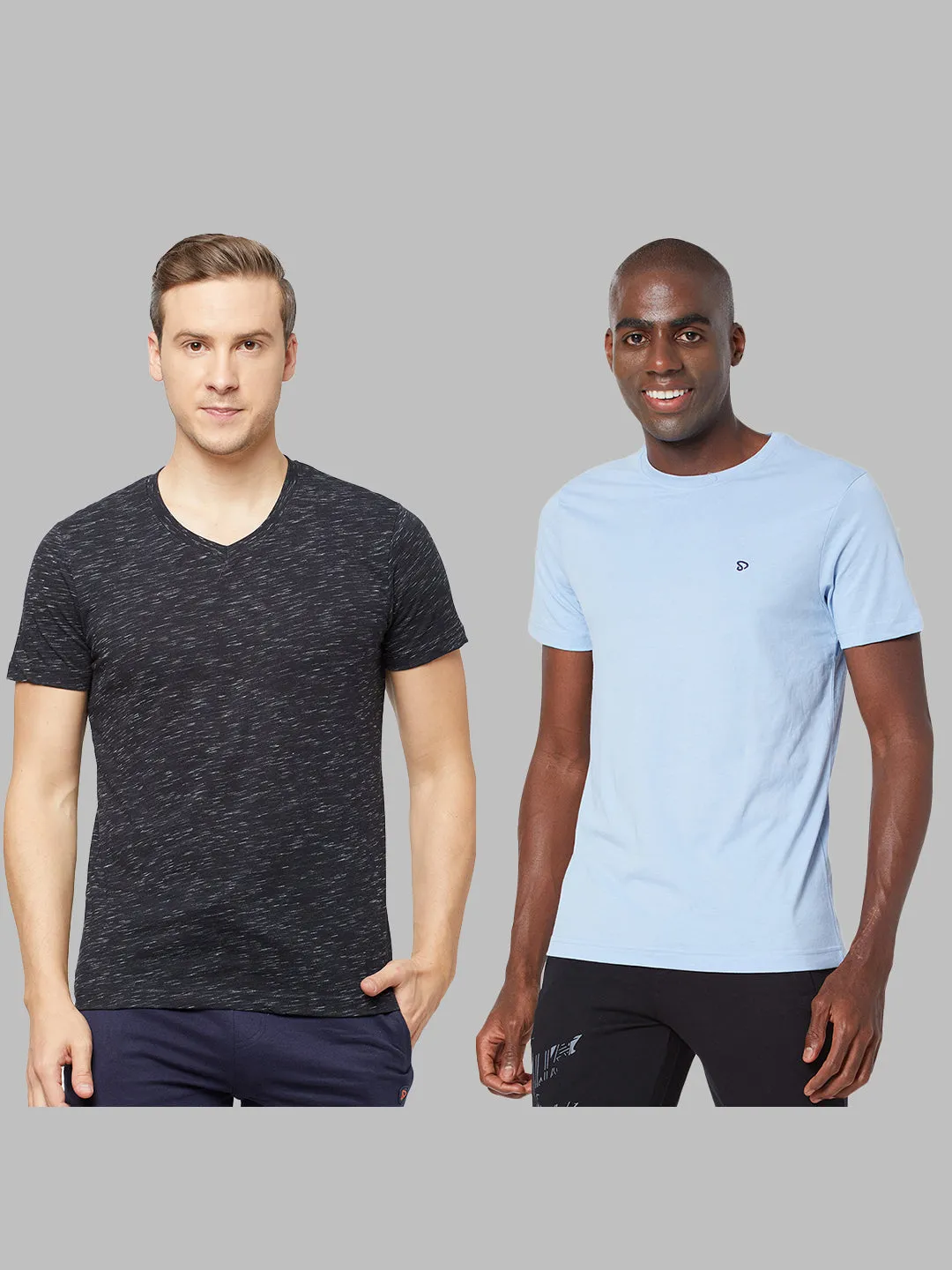 Sporto Mens Super Combed Cotton Blend Tees  Round & V-Neck (Black With Flakes   Light Iris Blue)