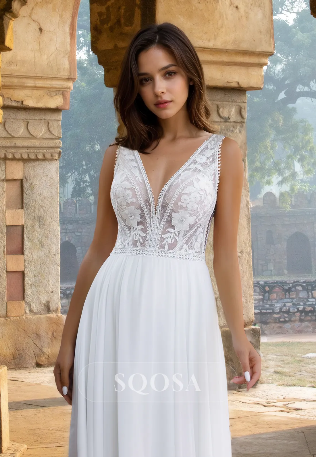 Straps Deep V-Neck Off-Shoulder A-Line Prom Dress Sleeveless Lace Applique Cutout Pleated Bride Gowns