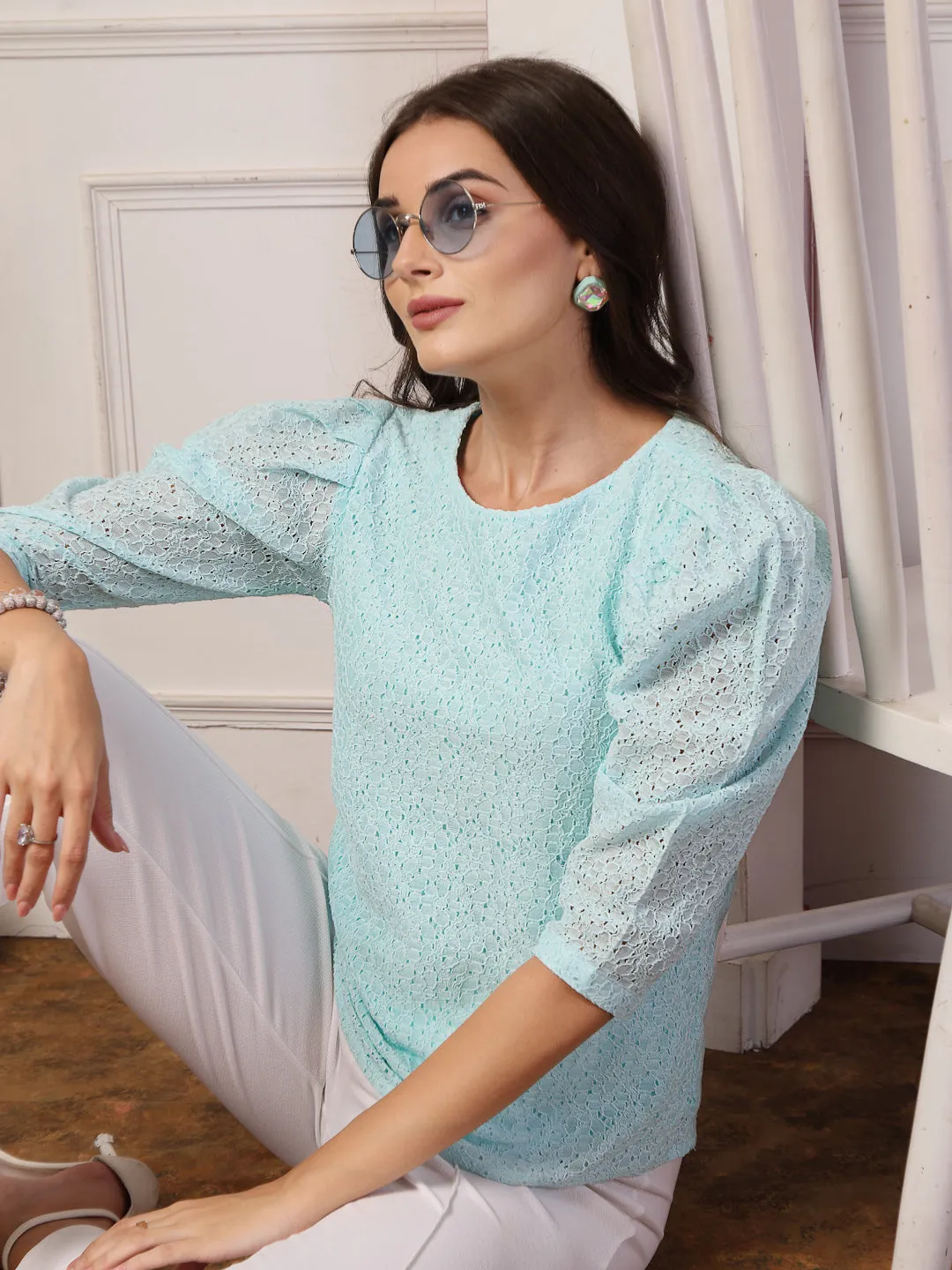 Style Quotient Women Blue Self Design Floral Lace Regular Smart Casual Top