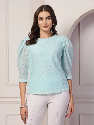 Style Quotient Women Blue Self Design Floral Lace Regular Smart Casual Top