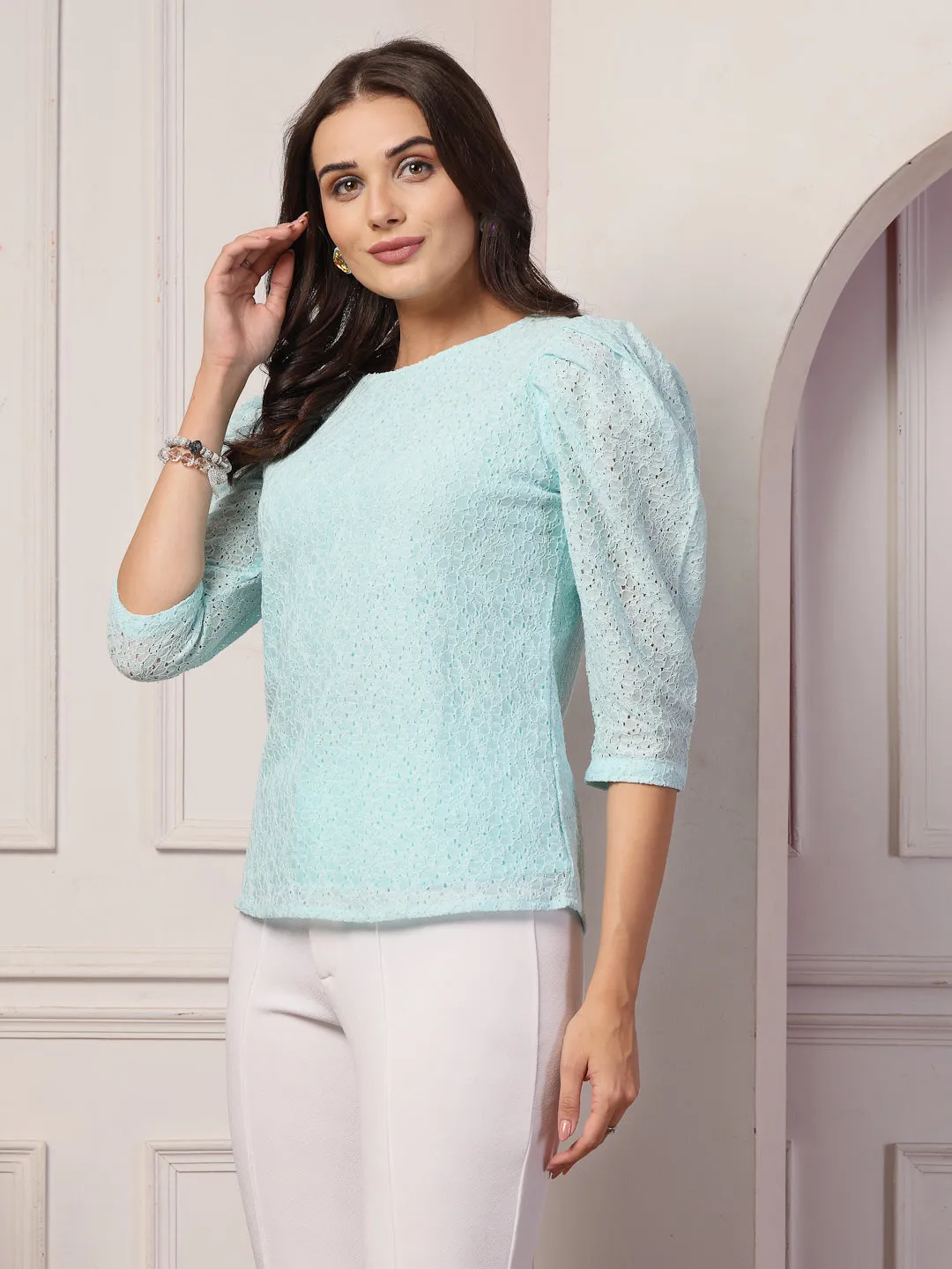 Style Quotient Women Blue Self Design Floral Lace Regular Smart Casual Top