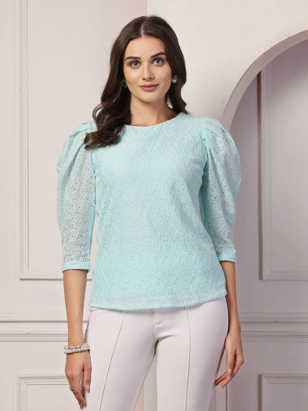 Style Quotient Women Blue Self Design Floral Lace Regular Smart Casual Top
