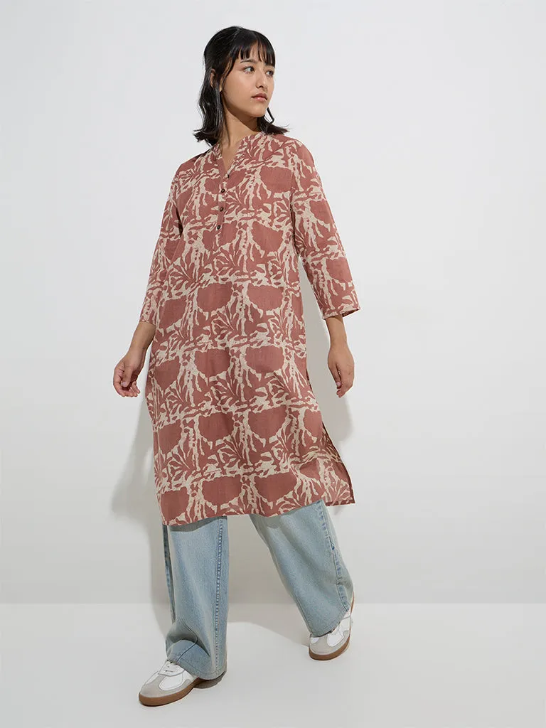 Utsa Brown Floral Pattern Cotton Straight Kurta