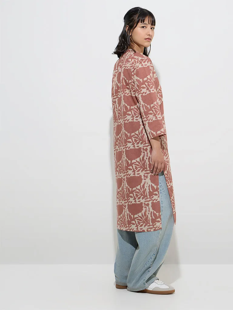 Utsa Brown Floral Pattern Cotton Straight Kurta