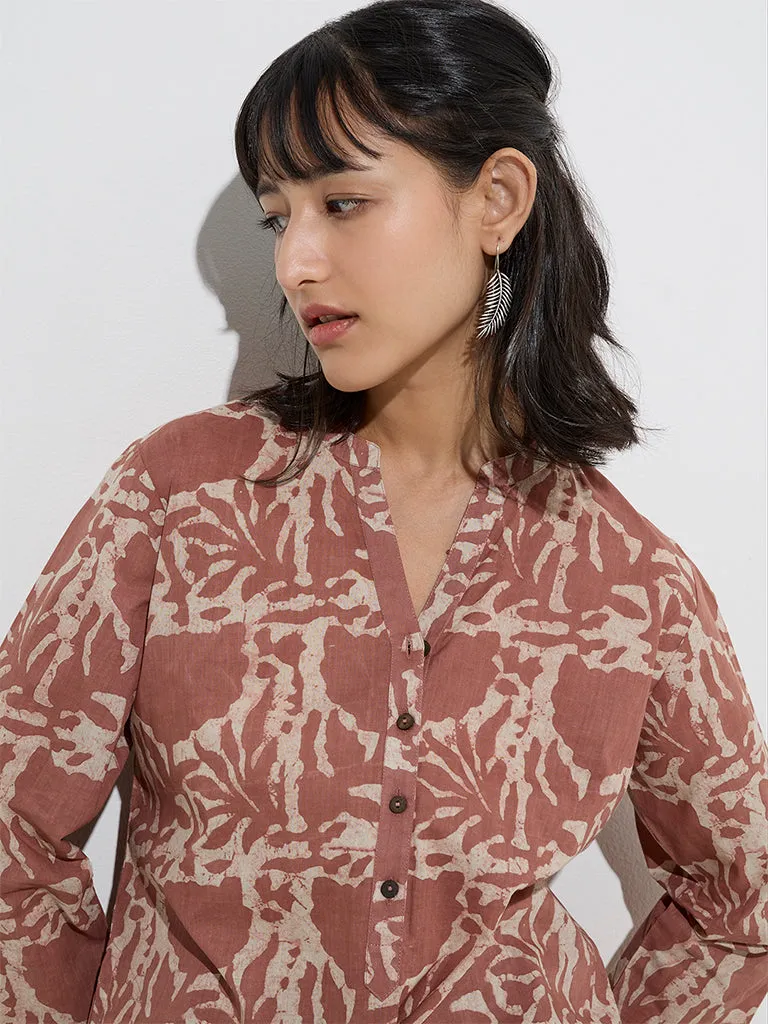 Utsa Brown Floral Pattern Cotton Straight Kurta