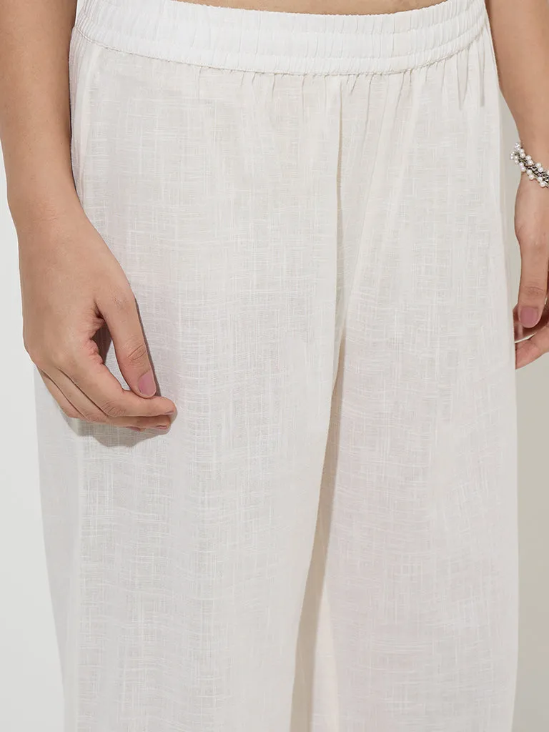 Utsa Off-White Mirror-Work High-Rise Cotton Pants