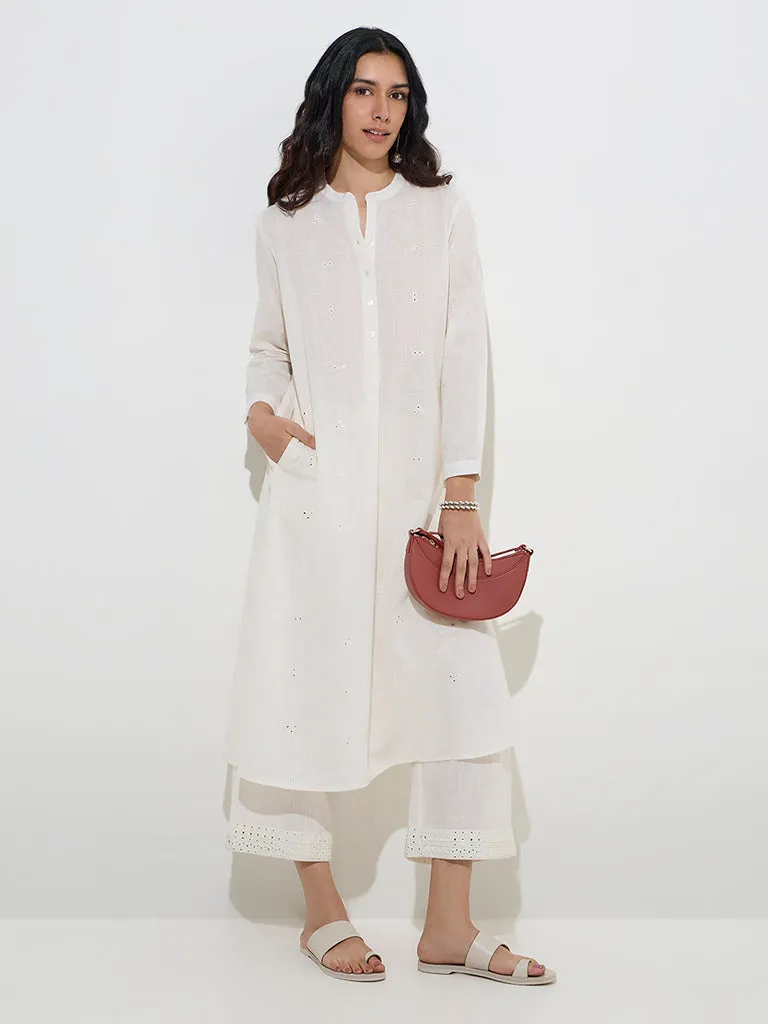 Utsa Off-White Mirror-Work High-Rise Cotton Pants