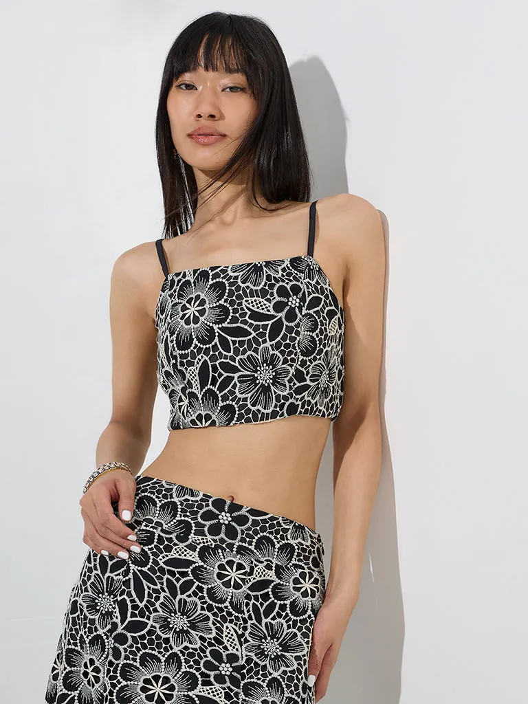 Vark Black Floral Lace Embroidered Ethnic Top