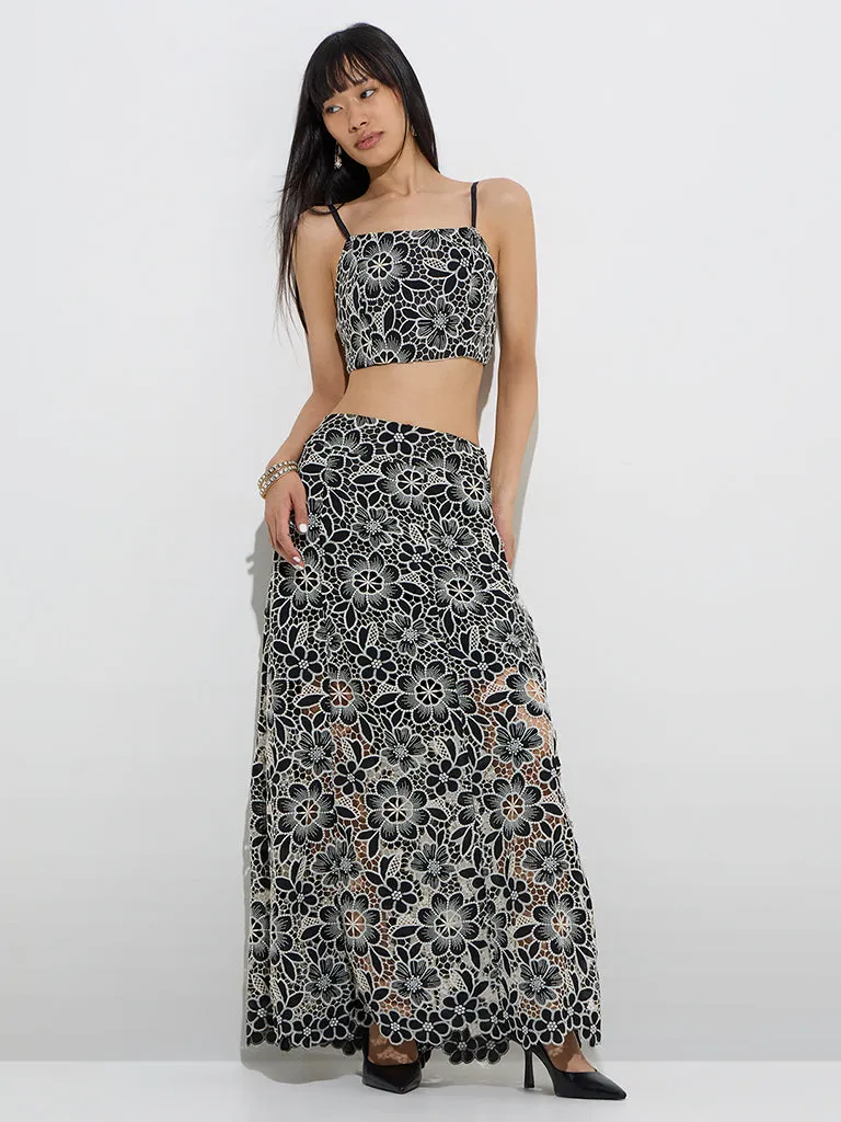 Vark Black Floral Lace Embroidered Ethnic Top