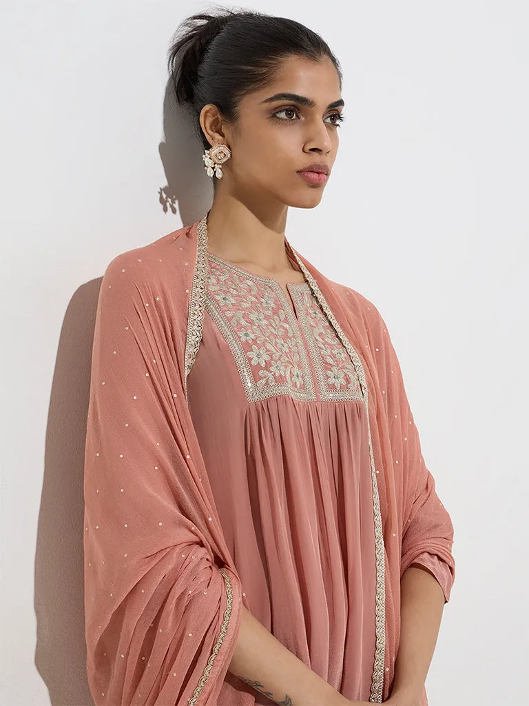 Vark Dusty Peach A-Line Kurta, Palazzos and Dupatta Set