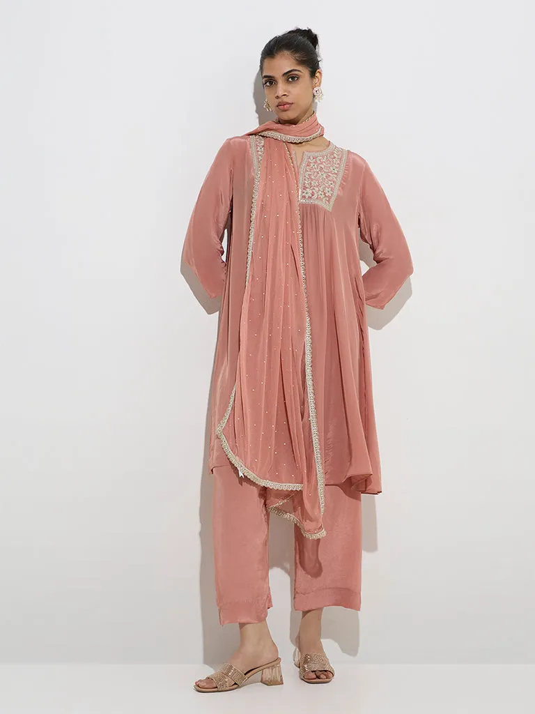Vark Dusty Peach A-Line Kurta, Palazzos and Dupatta Set