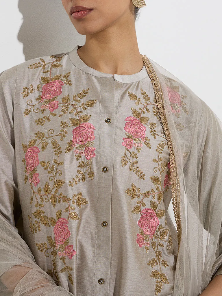 Vark Grey Floral A-Line Kurta, Ethnic Pants and Dupatta Set