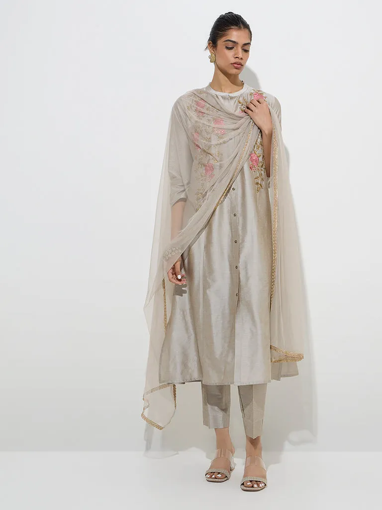 Vark Grey Floral A-Line Kurta, Ethnic Pants and Dupatta Set