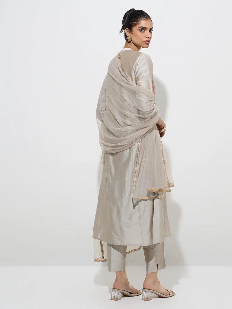 Vark Grey Floral A-Line Kurta, Ethnic Pants and Dupatta Set