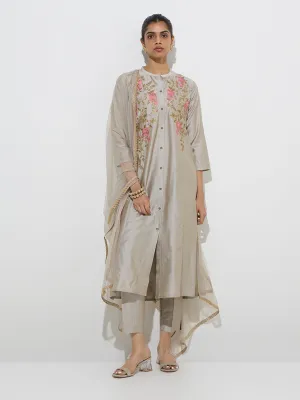 Vark Grey Floral A-Line Kurta, Ethnic Pants and Dupatta Set
