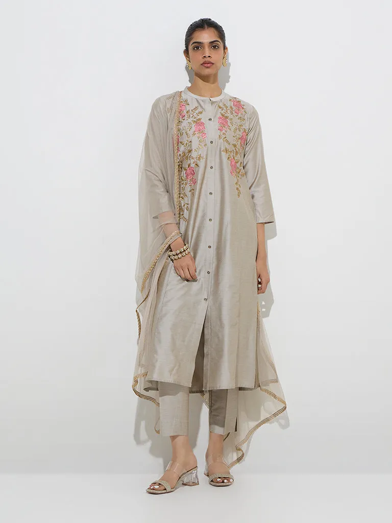 Vark Grey Floral A-Line Kurta, Ethnic Pants and Dupatta Set