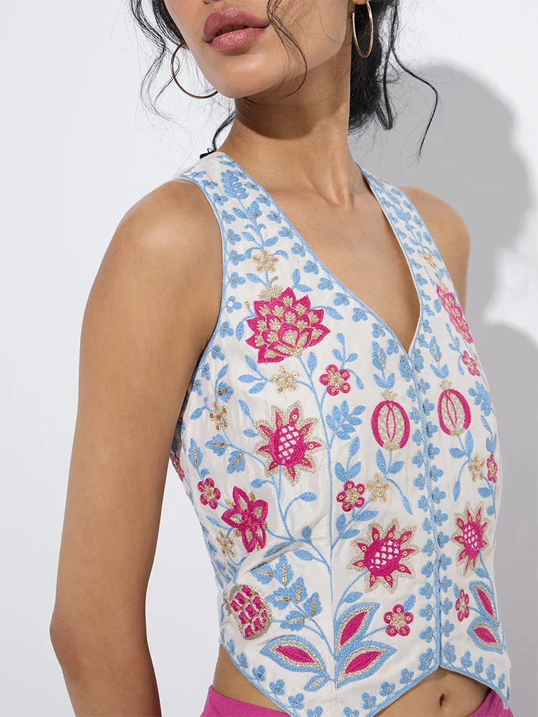 Vark Off-White Floral Embroidered Ethnic Top