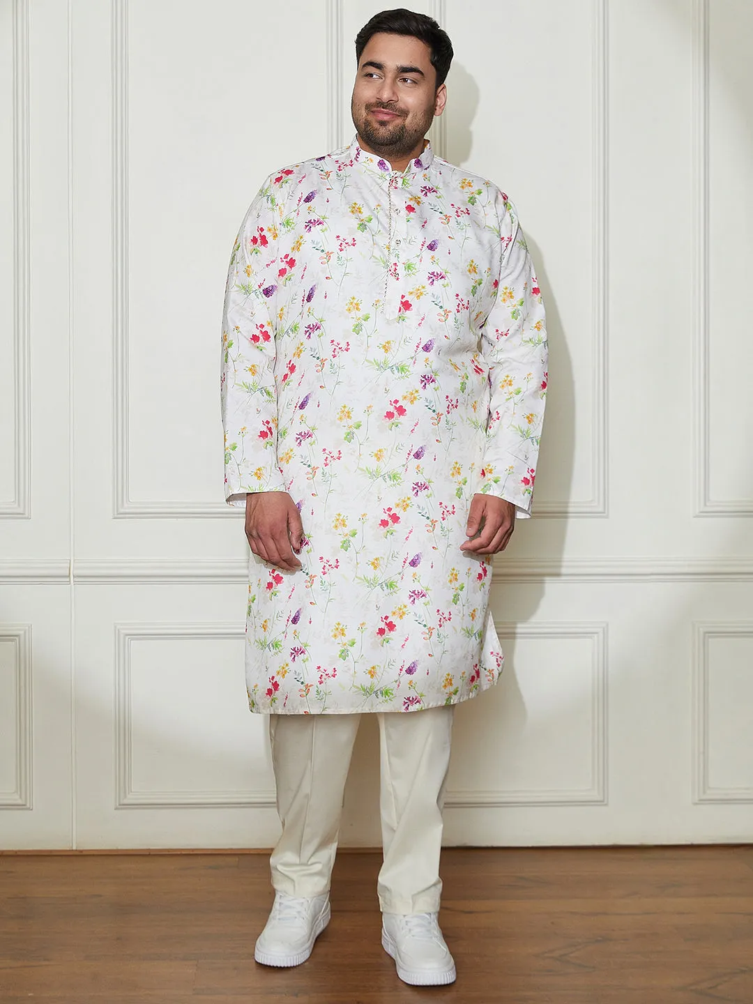 Vastramay Plus Men's Cream Cotton Blend Kurta And Pyjama Set
