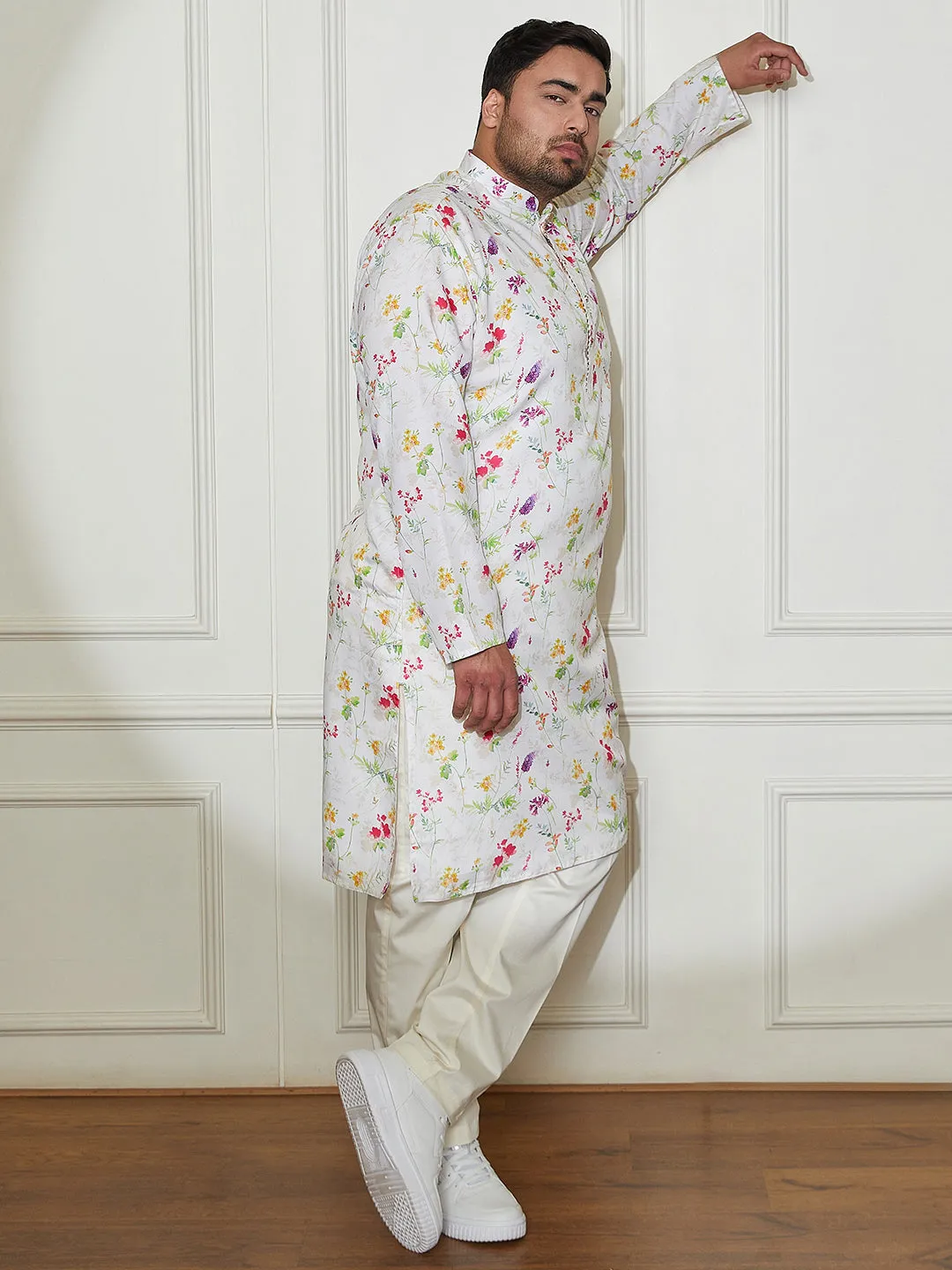Vastramay Plus Men's Cream Cotton Blend Kurta And Pyjama Set