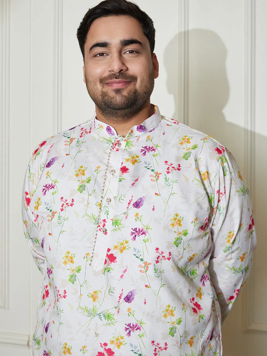 Vastramay Plus Men's Cream Cotton Blend Kurta And Pyjama Set