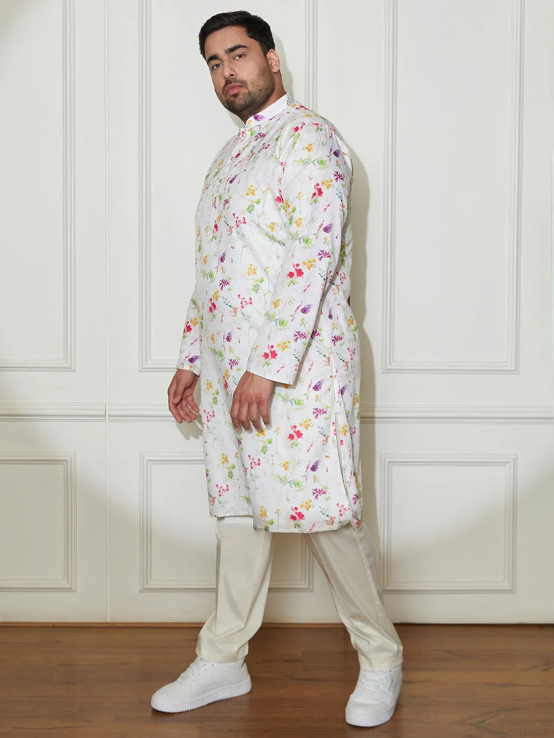 Vastramay Plus Men's Cream Cotton Blend Kurta And Pyjama Set