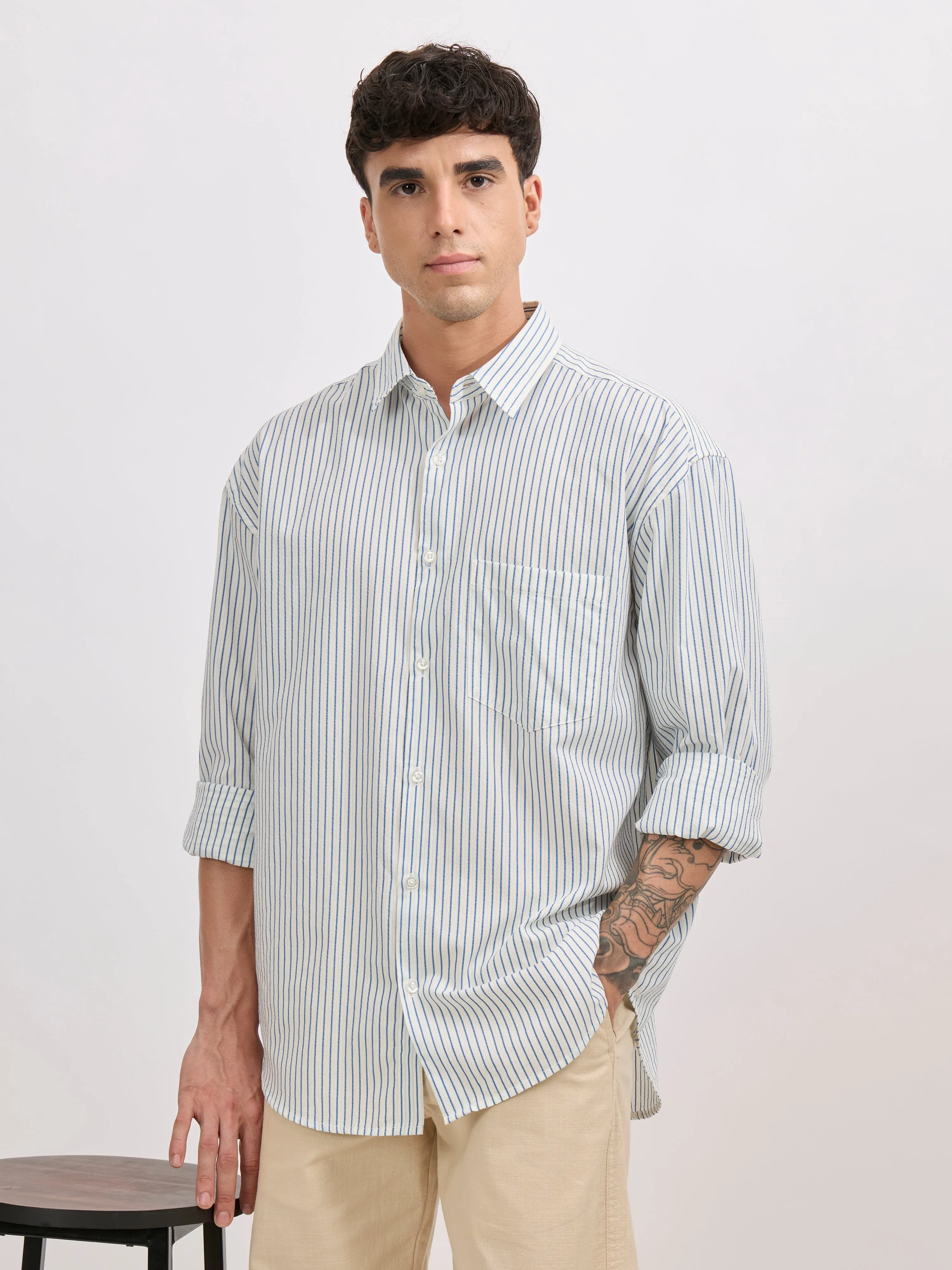 Veil - Cotton Oversized Striped shirt - Blue
