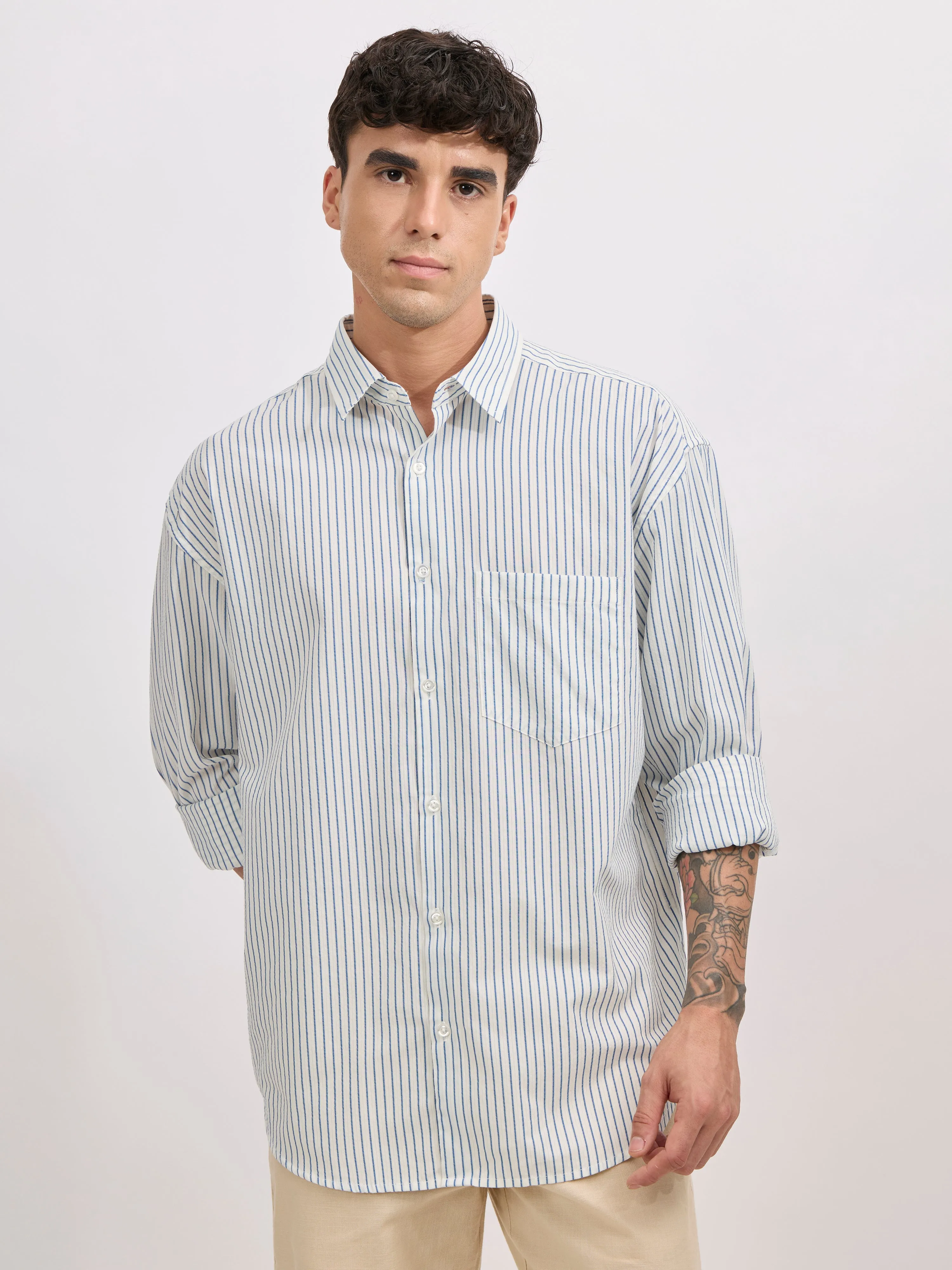 Veil - Cotton Oversized Striped shirt - Blue