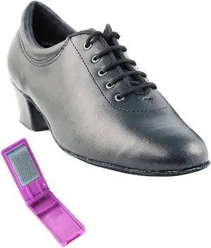 Very Fine Dance Shoes - Ladies Practice, Cuban Low Heel Ballroom Dance Shoes - 2601-1.5-inch Heel and Foldable Brush Bundle - Black Leather - 7