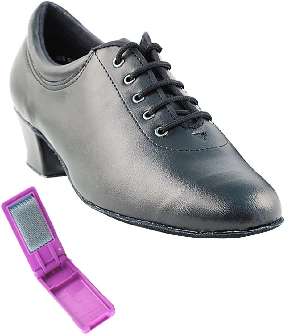 Very Fine Dance Shoes - Ladies Practice, Cuban Low Heel Ballroom Dance Shoes - 2601-1.5-inch Heel and Foldable Brush Bundle - Black Leather - 7