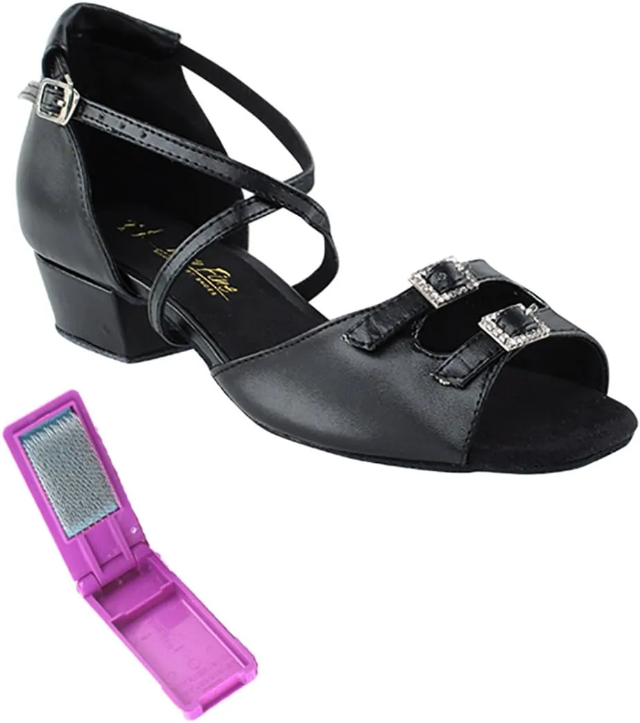 Very Fine Dance Shoes - Ladies Practice, Cuban Low Heel, Waltz Ballroom Dance Shoes - 1620FT - 1-inch Heel and Foldable Brush Bundle - Black PU - 8.5