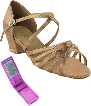 Very Fine Dance Shoes - Ladies Practice, Cuban Low Heel, Waltz Ballroom Dance Shoes - 1670C - 1.5-inch Heel and Foldable Brush Bundle - Brown Satin - 9