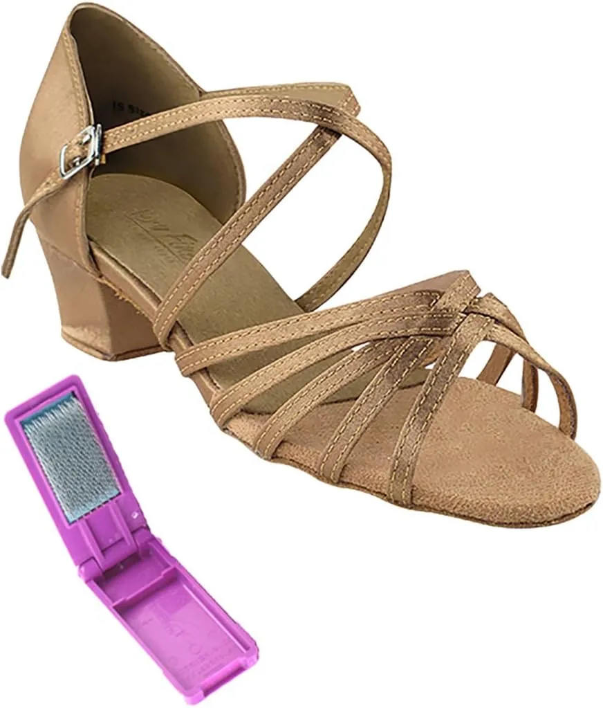 Very Fine Dance Shoes - Ladies Practice, Cuban Low Heel, Waltz Ballroom Dance Shoes - 1670C - 1.5-inch Heel and Foldable Brush Bundle - Brown Satin - 9