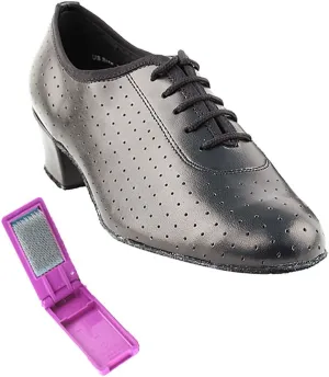 Very Fine Dance Shoes - Ladies Practice, Cuban Low Heel, Waltz Ballroom Dance Shoes - 2001-1.5-inch Heel and Foldable Brush Bundle - Black Perforated Leather - 7.5