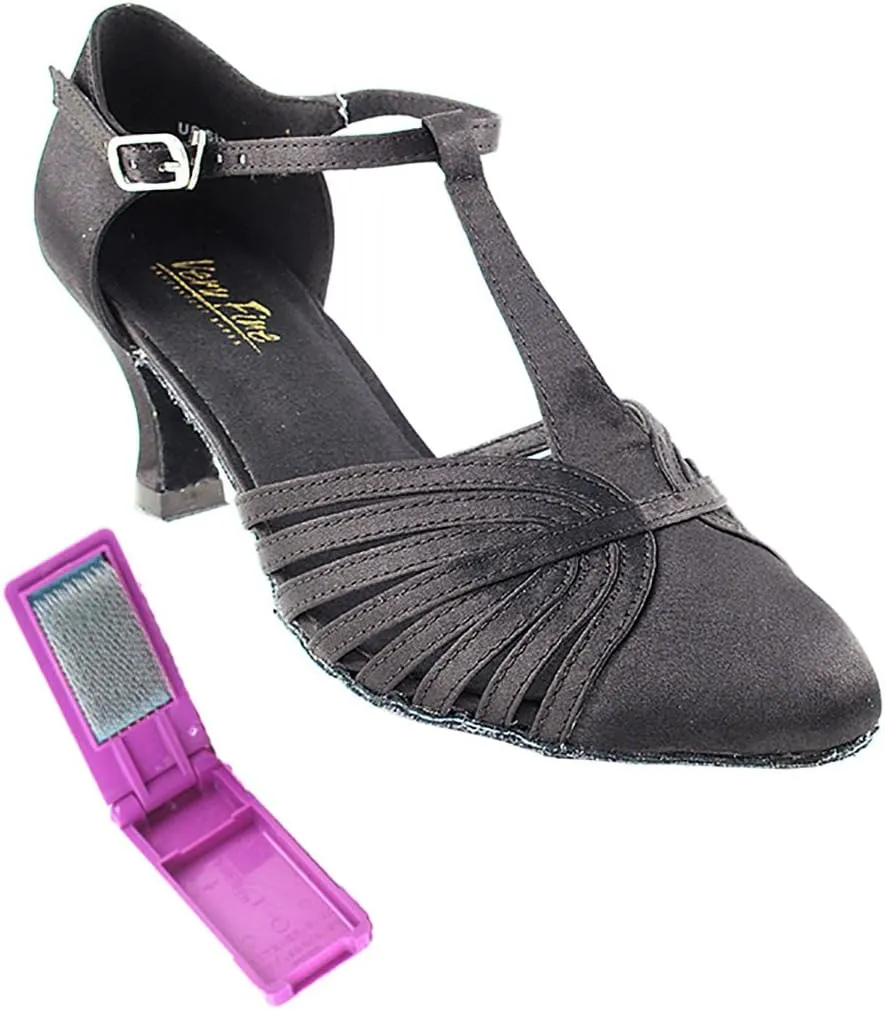 Very Fine Dance Shoes - Ladies Standard, Smooth, Waltz Ballroom Dance Shoes - 6829-2.5-inch Heel and Foldable Brush Bundle - Black Satin - 4.5